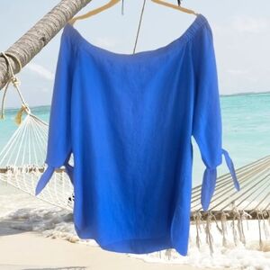 Lovely Linen SAKS FIFTH AVENUE Off-the-Shoulder Tie-Sleeve top in Royal Blue